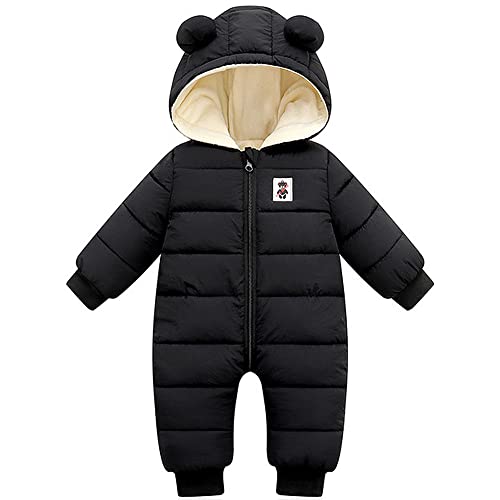 LSERVER Neugeborener Strampler Baby mit Kapuze Fleecever Dickter Jungen Schneeanzug Mädchen Warmer Daunen Overall Kinder Niedliche Winter Anzüge, Schwarz, 66, 62 von LSERVER