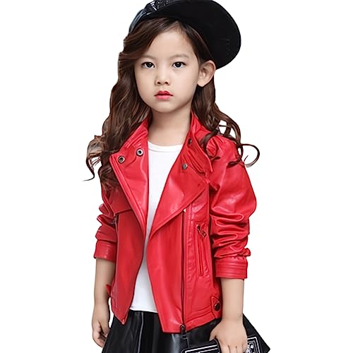 LSERVER PU Jacke Mädchen Kinder Stylische Jacke Motorrad Mantel Kleinkinder Herbst Mantel Outwear, Rot A, 152 von LSERVER