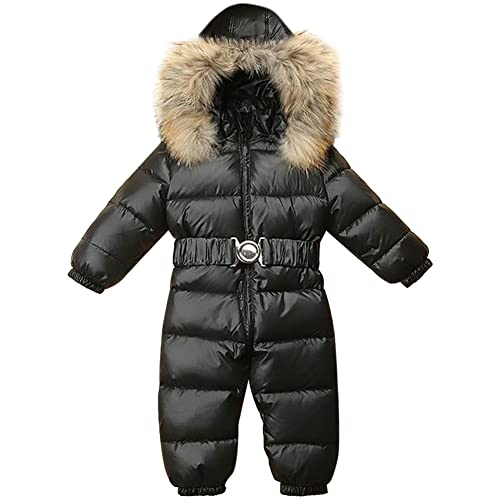 LSERVER Schneeanzug Baby mit Fellkragen Kapuze Winddichte Warme Jungen Einteilige Daunen Bekleidung Mädchen Modische Skianzug Kinder Winter Outdoor Anzüge, Schwarz, 110 von LSERVER