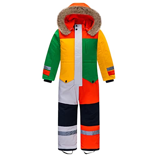 LSERVER Skianzug Kinder Jungen mit Fellkragen Kapuze Einteilig Winddichter Wasserdichter Schneeanzug Mädchen Winter Fleece Verdickung Warmer Outdoor-Anzug, Farbig, 150 von LSERVER