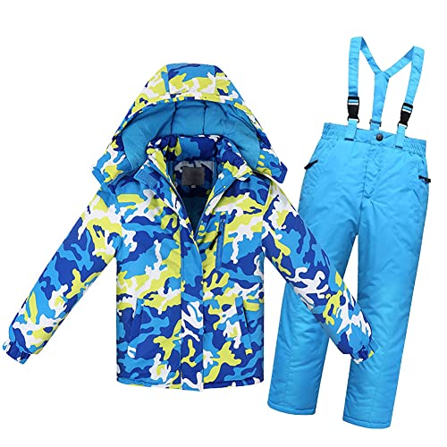 LSERVER Skianzug Mädchen mit Abnehmbarer Kapuze Winddichte Wasserdichte Skijacke + Skihose Jungen Dicker Fleece Schneeanzug Kinder Warmer Skianzüge, Blau, 12A von LSERVER