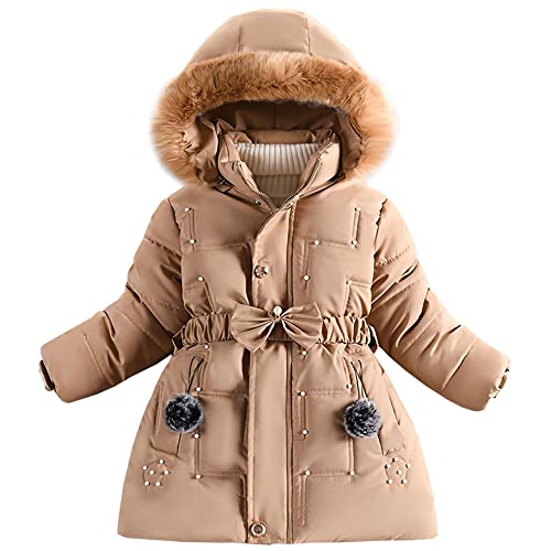 LSERVER Steppjacke Mädchen Fleece Dicke Daunenjacke mit Pelzkragenkapuze Modische Tunika Winterjacke Kinder Winddichte Warme Wintermantel, Khaki, 160 von LSERVER