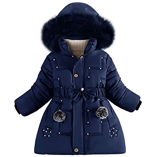 LSERVER Steppjacke Mädchen Fleece Dicke Daunenjacke mit Pelzkragenkapuze Modische Tunika Winterjacke Kinder Winddichte Warme Wintermantel, Navy Blau, 116 von LSERVER