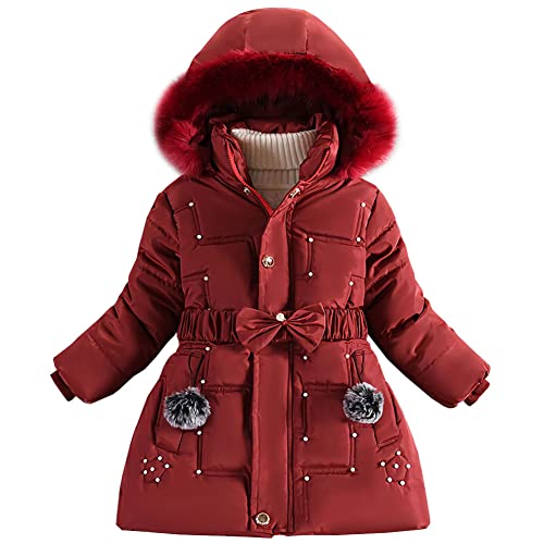 LSERVER Steppjacke Mädchen Fleece Dicke Daunenjacke mit Pelzkragenkapuze Modische Tunika Winterjacke Kinder Winddichte Warme Wintermantel, Rot, 160 von LSERVER
