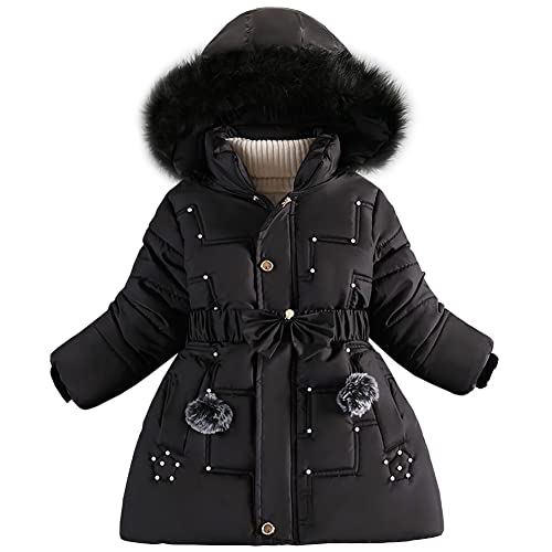 LSERVER Steppjacke Mädchen Fleece Dicke Daunenjacke mit Pelzkragenkapuze Modische Tunika Winterjacke Kinder Winddichte Warme Wintermantel, Schwarz, 120 von LSERVER