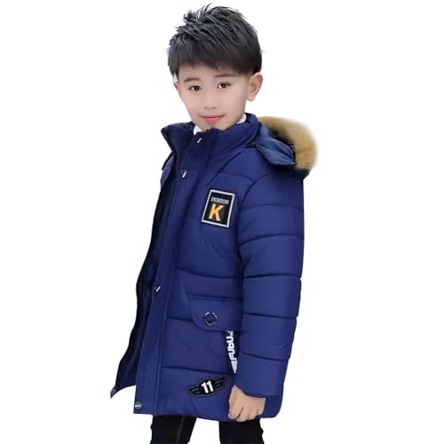 LSERVER Winterjacke Jungen Fleece Gefütterter Mantel mit Pelzkragenkapuze Winddicht Warm Steppjacke Mode Kinder Wintermantel, Dunkelblau, 120 von LSERVER