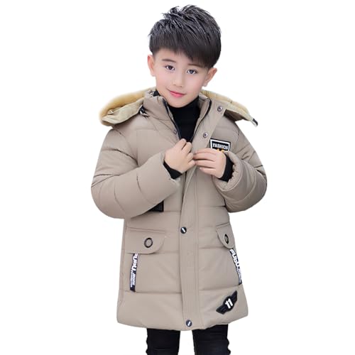 LSERVER Winterjacke Jungen Fleece Gefütterter Mantel mit Pelzkragenkapuze Winddicht Warm Steppjacke Mode Kinder Wintermantel, Khaki, 120 von LSERVER