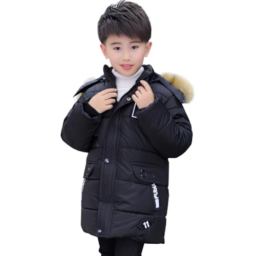 LSERVER Winterjacke Jungen Fleece Gefütterter Mantel mit Pelzkragenkapuze Winddicht Warm Steppjacke Mode Kinder Wintermantel, Schwarz, 140 von LSERVER