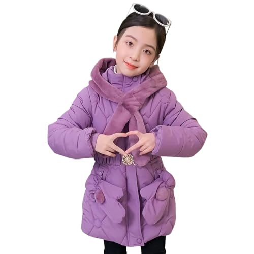 LSERVER Winterjacke Kinder Mädchen Kapuze Warme Fleece Wintermantel mit Handschuhen Modischer Gürtel Steppjacke Kinder Dicke Winddichte Winter Oberbekleidung, Violett, 120 von LSERVER