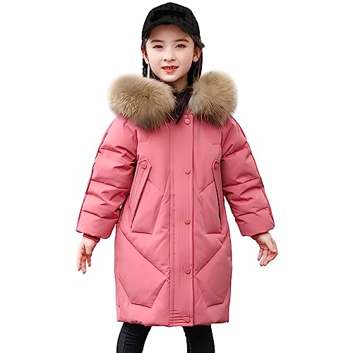 LSERVER Winterjacke Kinder Mädchen mit Pelzkragenkapuze Winddichte Warme Daunenjacke Modische Steppjacke Kinder Dicke Wintermantel, Rot, 152-158 von LSERVER