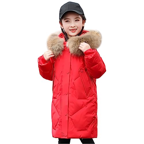 LSERVER Winterjacke Kinder Mädchen mit Pelzkragenkapuze Winddichte Warme Daunenjacke Modische Steppjacke Kinder Dicke Wintermantel, Rot B, 122-128 von LSERVER