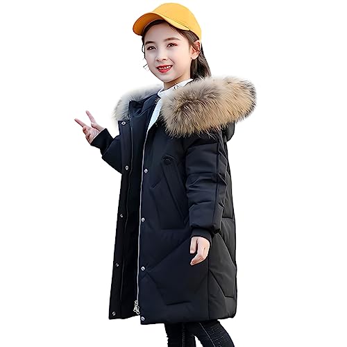 LSERVER Winterjacke Kinder Mädchen mit Pelzkragenkapuze Winddichte Warme Daunenjacke Modische Steppjacke Kinder Dicke Wintermantel, Schwarz, 122-128 von LSERVER