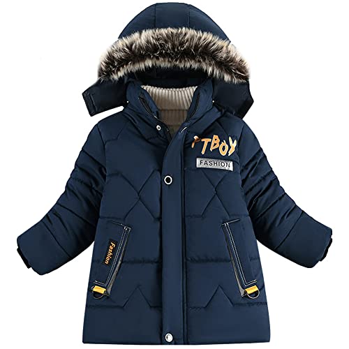 LSERVER Wintermantel Jungen Modischer Dicker Gepolsterter Mantel mit Plüschkapuze Winddicht Warm Winterjacke Kinder Steppjacke, Navy Blau, 120 von LSERVER