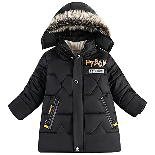 LSERVER Wintermantel Jungen Modischer Dicker Gepolsterter Mantel mit Plüschkapuze Winddicht Warm Winterjacke Kinder Steppjacke, Schwarz, 140 von LSERVER