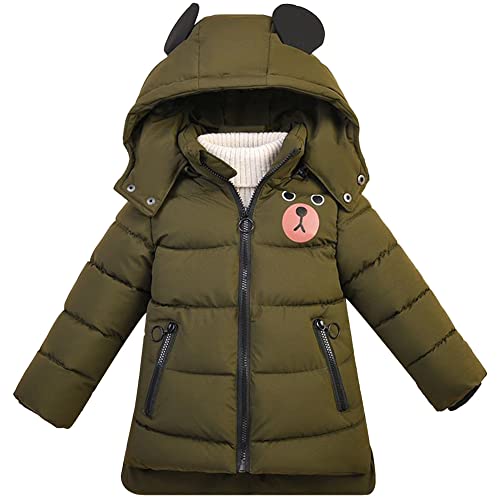 LSERVER Wintermantel Jungen Süßer Cartoon Winterjacke mit Kapuze Winddichte Thermo Steppjacke Kinder Mode Dicke Winteroberbekleidung, Armeegrün, 120 von LSERVER