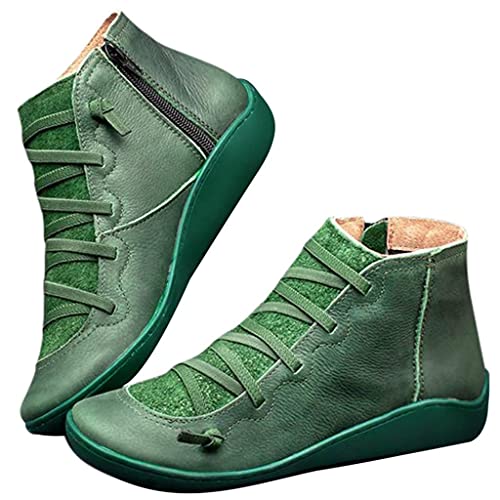LSFYYDS Damen Rund Toe Flache Stiefeletten Schnürung Reißverschluss Schuhe rutschfeste Damenstiefel Winterstiefel Comfort Schuhe Boots，(Grün, Erwachsene, Damen, 41, Numerisch, EU Schuhgrößensystem, M) von LSFYYDS