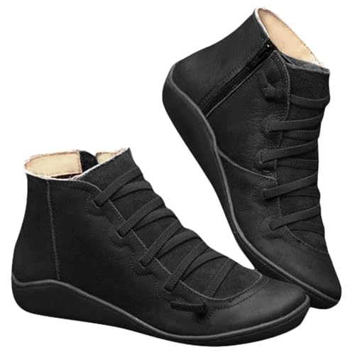 LSFYYDS Damen Rund Toe Flache Stiefeletten Schnürung Reißverschluss Schuhe rutschfeste Damenstiefel Winterstiefel Comfort Schuhe Boots，Schwarz,40 von LSFYYDS