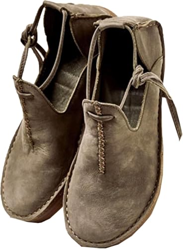 SIULAS Mittelalterliche PU-Lederschuhe mit flachem Boden - Renaissance-Hexenstiefel mit niedrigem Absatz - Steampunk Retro Casual Lederstiefeletten - Damen Rundkopf-Lederschuhe,Grau,40 von LSFYYDS
