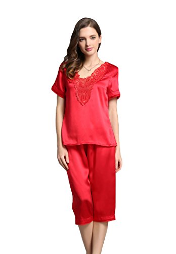 LSHARON Damen Sexy 100% Maulbeerseide Kurze Ärmel Pyjama Sets Nachtwäsche Nachthemd Gr. 42, rot von LSHARON