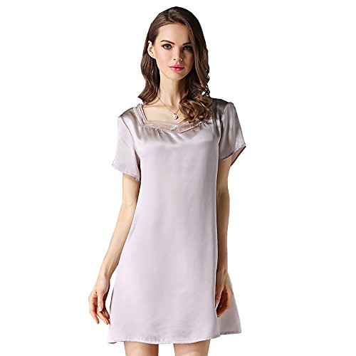 LSHARON Damen Sexy 100% Maulbeerseide Spitze Nachtwäsche Nachthemd Elagant Nachthemd Chemise, silber, 42 von LSHARON