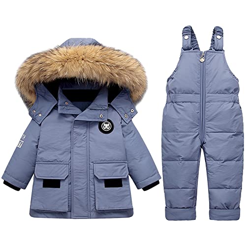 LSHDCER Baby Kleinkind Schneeanzug Jungen Mädchen Winteranzug Skianzug Daunenjacke mit Fellkapuze & Daunenhose Bekleidungsset 2tlg Outfit, Blau, 104-110 von LSHDCER