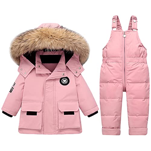 LSHDCER Baby Kleinkind Schneeanzug Jungen Mädchen Winteranzug Skianzug Daunenjacke mit Fellkapuze & Daunenhose Bekleidungsset 2tlg Outfit, Rosa, 74-80 von LSHDCER