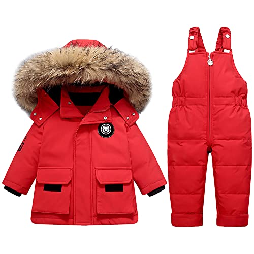 LSHDCER Baby Kleinkind Schneeanzug Jungen Mädchen Winteranzug Skianzug Daunenjacke mit Fellkapuze & Daunenhose Bekleidungsset 2tlg Outfit, Rot, 74-80 von LSHDCER