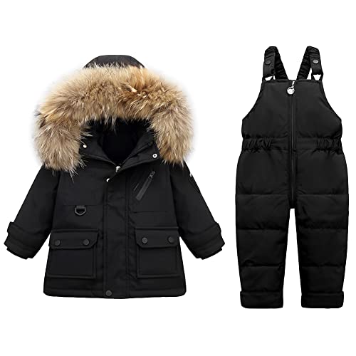 LSHDCER Baby Schneeanzug Kleinkind Jungen Mädchen Winteranzug Skianzug Daunenjacke mit Fellkapuze & Daunenhose Bekleidungsset 2tlg, Schwarz, 86 von LSHDCER