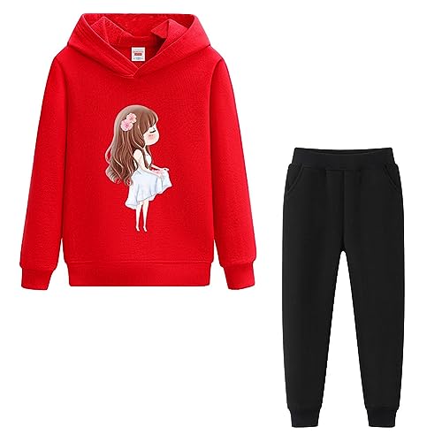 LSHDCER Jogginganzug Mädchen Freizeitanzug 2tlg Bekleidungsset Kinder Sportanzug Trainingsanzug Outfit-Set Sweatjacke & Sweathose, Rot+Schwarz B, 104-110 (Etikettengröße: 110) von LSHDCER