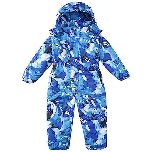 LSHDCER Kinder Einteiler Skianzug Jungen Mädchen mit Cartoon-Muster Outdoor Warm Schneeanzug mit Kapuze Wasserdicht Winddicht, Blau, 134-140 (Etikettengröße: 140) L2958L14 von LSHDCER