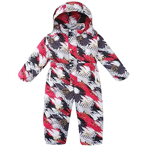 LSHDCER Kinder Einteiler Skianzug Jungen Mädchen mit Cartoon-Muster Outdoor Warm Schneeanzug mit Kapuze Wasserdicht Winddicht, Rot, 122-128 (Etikettengröße: 130) L2958R13 von LSHDCER