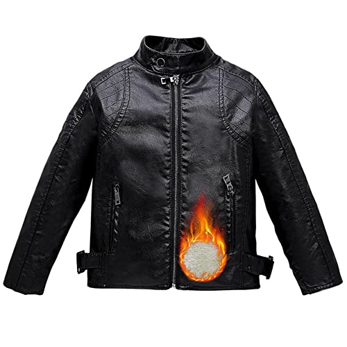 LSHDCER Kinder Jungen Lederjacke Übergangsjacke Motorrad Lederimitat Mantel Frühling Herbst Kunstleder Bikerjacke, Schwarz(Plüsch) C, 104-110 von LSHDCER