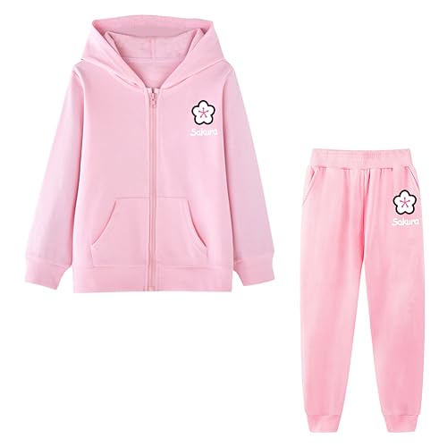 LSHDCER Kinder Mädchen Jogginganzug Trainingsanzug Sweatjacke & Sweathose Outfit-Set Bekleidungsset 2tlg Sportanzug, Blumen (Rosa+Rosa), 134-140 (Etikettengröße: 140) von LSHDCER