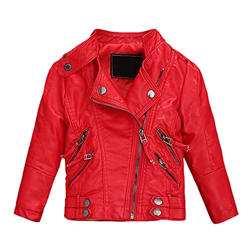 LSHDCER Kinder Mädchen Lederjacke Übergangsjacke Motorrad Lederimitat Mantel Frühling Herbst Kunstleder Bikerjacke, Rot, 134-140 von LSHDCER