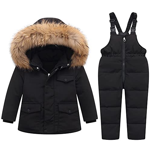 LSHDCER Kinder Skianzug Schneeanzug Jungen Mädchen Verdickte Bekleidungsset Daunenjacke + Skihose, Schwarz, 116(Etikettengröße: 120), EURL28JIU74U12 von LSHDCER