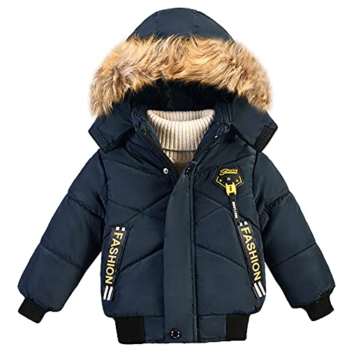 LSHDCER Kinder Winterjacke Jungen Wintermantel mit Fellkapuze Steppjacke, Dunkelblau, 92-98 von LSHDCER