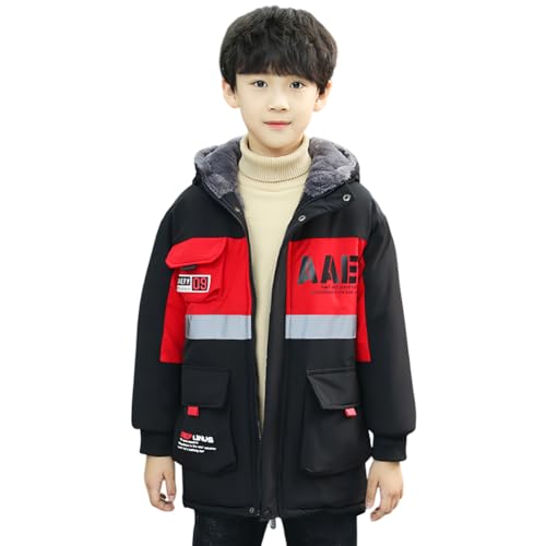 LSHDCER Kinder Winterjacke Jungen Wintermantel mit Kapuze Warm Verdichte Steppjacke Kinderjacke Outerwear Mittellange Baumwolljacke, Rot-A, 152-158 (Etikettengröße: 160) L2A44R16 von LSHDCER