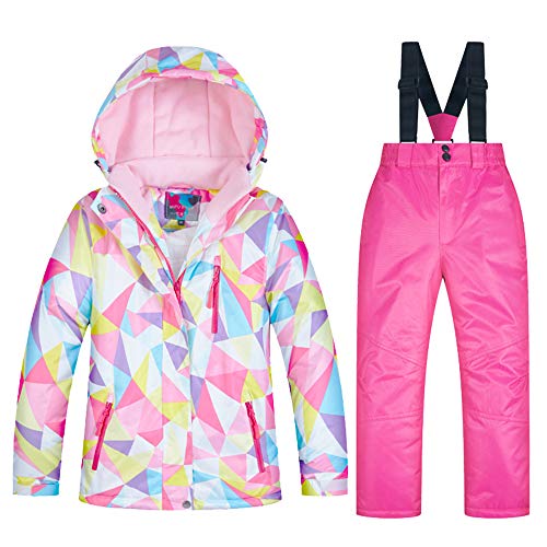 LSHDCER Mädchen Skianzug Winddichter Wasserdichter Schneeanzug Jungen 2 Teilig Winter-Skijacke mit Kapuze + Skihose Skianzüge Kinder, Rosa B, 122-128 (Etikettgröße: 8) F2A76E10 von LSHDCER