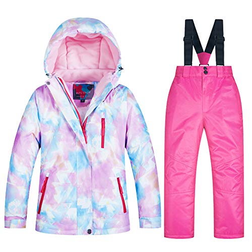 LSHDCER Mädchen Skianzug Winddichter Wasserdichter Schneeanzug Jungen 2 Teilig Winter-Skijacke mit Kapuze + Skihose Skianzüge Kinder, Rosa A, 140-146 (Etikettgröße: 12) F2A76A14 von LSHDCER