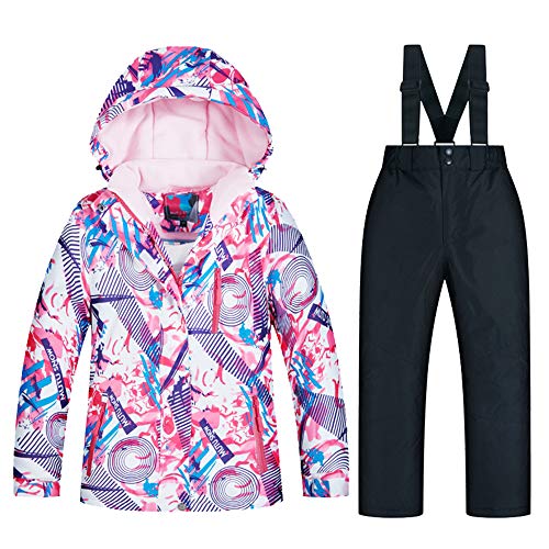 LSHDCER Mädchen Skianzug Winddichter Wasserdichter Schneeanzug Jungen 2 Teilig Winter-Skijacke mit Kapuze + Skihose Skianzüge Kinder, Schwarz, 116 (Etikettgröße: 6) F2A76J08 von LSHDCER