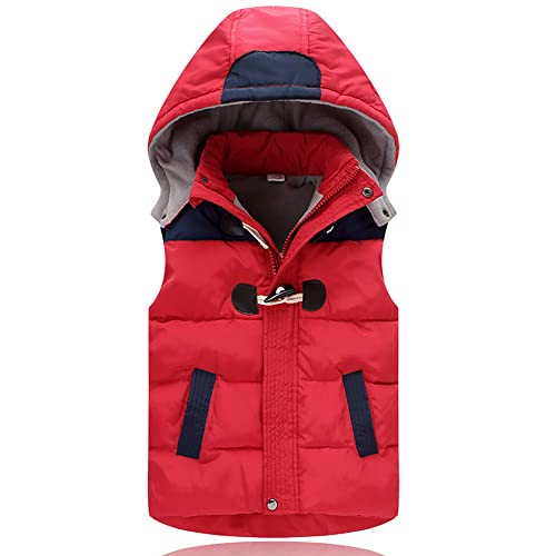 LSHDCER Steppweste Jungen Dicke Weste Mädchen Mit Kapuze Winter Ärmellose Winterjacke Kinder Wintermantel, Rot, 122-128 von LSHDCER