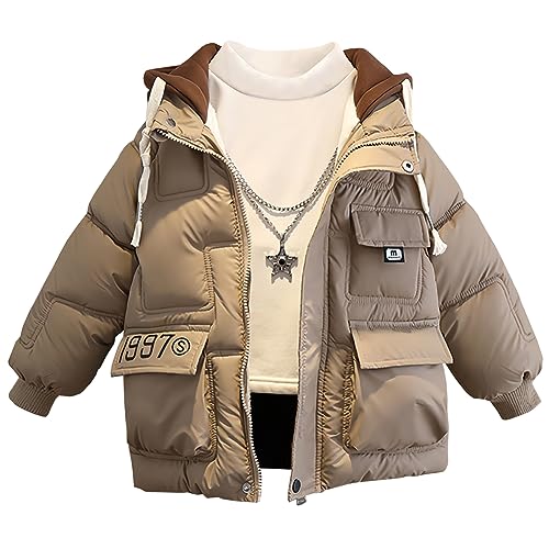 LSHDCER Winterjacke Jungen Wintermantel Plüsch Baumwolljacke Kinder Steppjacke Winter Jacke mit Kapuze, Khaki, 116 (Etikettengröße: 120) L2997Z12 von LSHDCER