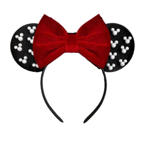 LSHDXD Weihnachts-Stirnband aus Kunststoff, mit Perlen, Maus-Ohren, niedliches Samt-Wildleder-Schleifen-Stirnband, Vergnügungspark-Maus-Ohrschleife, Haarschmuck für Partyzubehör (rot und schwarz) von LSHDXD