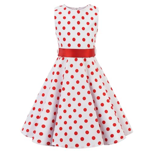 LSHEL 50er-Jahre-Stil Kinder Mädchen Vintage Print Abendkleid Rockabilly Kleid Retro Faltenkleid, Weiß, 9-10 Jahre alt von LSHEL