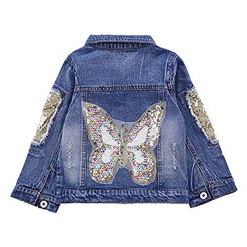 LSHEL Jeansjacke Mädchen Langarm Denim Jacket Kinder Schmetterlinge Übergangsjacke mit Pailletten, Schmetterling, 152-158(Etikettengröße: 160) von LSHEL