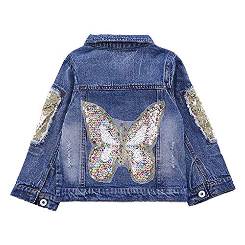 LSHEL Jeansjacke Mädchen Langarm Denim Jacket Kinder Schmetterlinge Übergangsjacke mit Pailletten, Schmetterling, 146(körpergröße: 135-140cm) von LSHEL