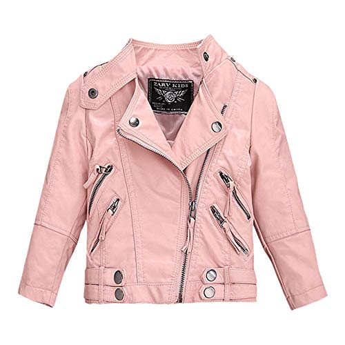 LSHEL Jungen Mädchen Kunst Lederjacke Kragen Motorrad Leder Mantel Kinder Biker Style Leder Jacke, Rosa - Dick, 7-8T/Empfohlene Höhe 120-130cm von LSHEL