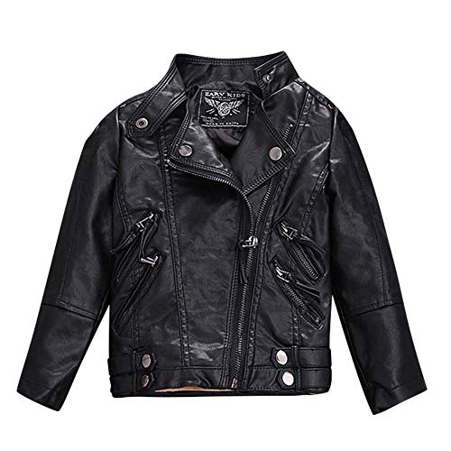 LSHEL Jungen Mädchen Kunst Lederjacke Kragen Motorrad Leder Mantel Kinder Biker Style Leder Jacke, Schwarz - Dick, 5-6T/Empfohlene Höhe 110-120cm von LSHEL