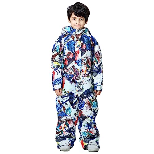 LSHEL Kinder Einteiliger Skianzug Schneeanzug Winddicht Wasserdicht Skijacke Winter mit Kapuze für Mädchen Jungen, Blau Weiß, 134-140 (Etikettengröße: 140) L2959L14 von LSHEL