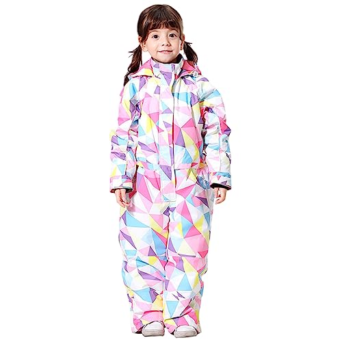 LSHEL Kinder Einteiliger Skianzug Schneeanzug Winddicht Wasserdicht Skijacke Winter mit Kapuze für Mädchen Jungen, Rosa Weiß, 122-128 (Etikettengröße: 130) L2959B13 von LSHEL